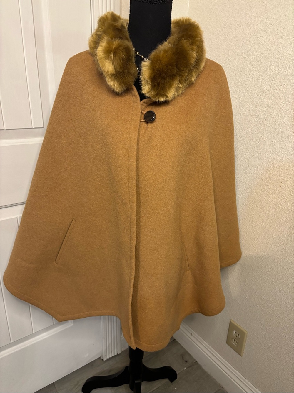 Calvin Klein Camel Faux Fur Collar Wool-Blend Cape